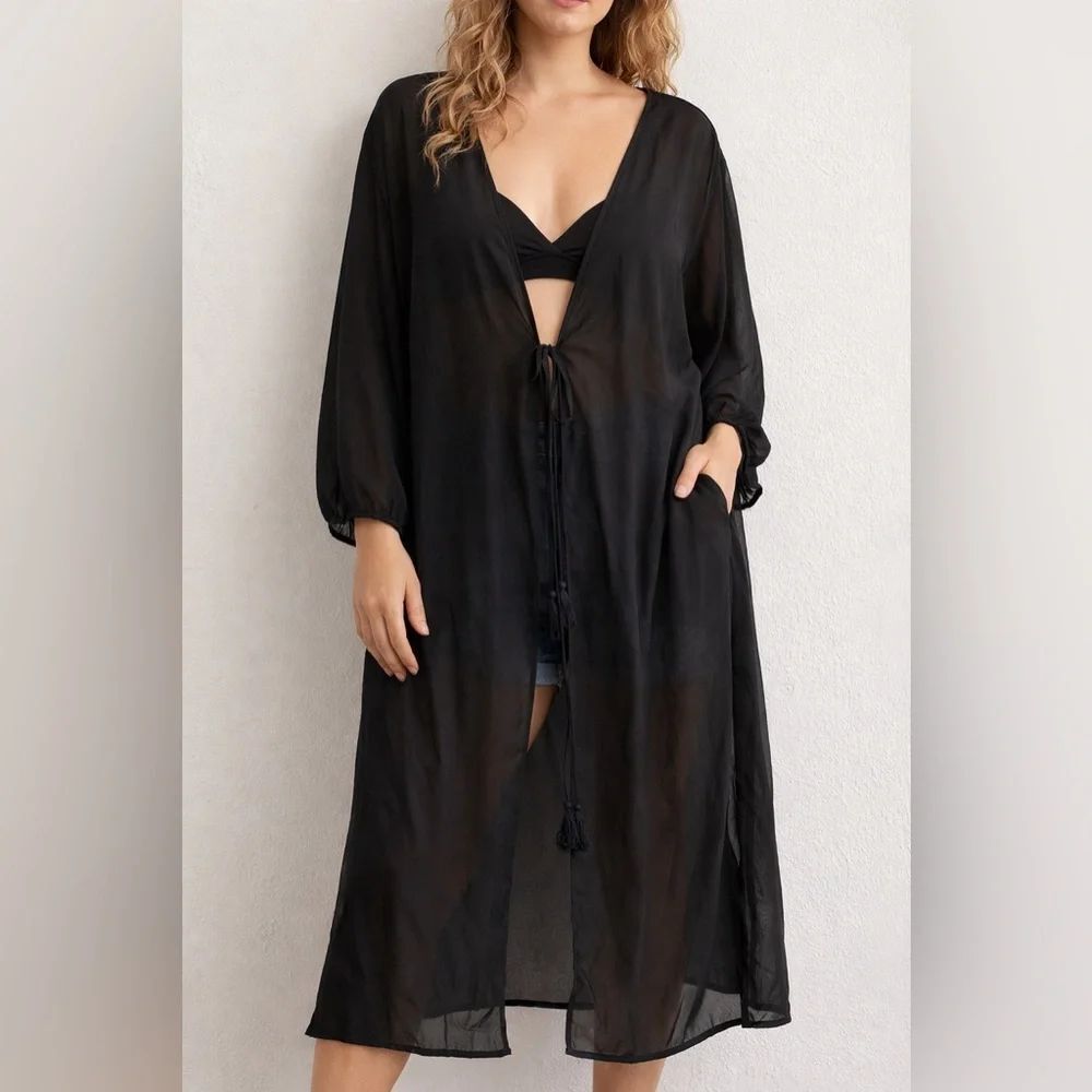 Boohoo US 16 Black Sheer Kimono Cover Up Boho Festival Beach Flowy Tassel
